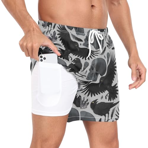 JHKKU Men's 2 in 1 Running Shorts Crows Skulls Workout Gym