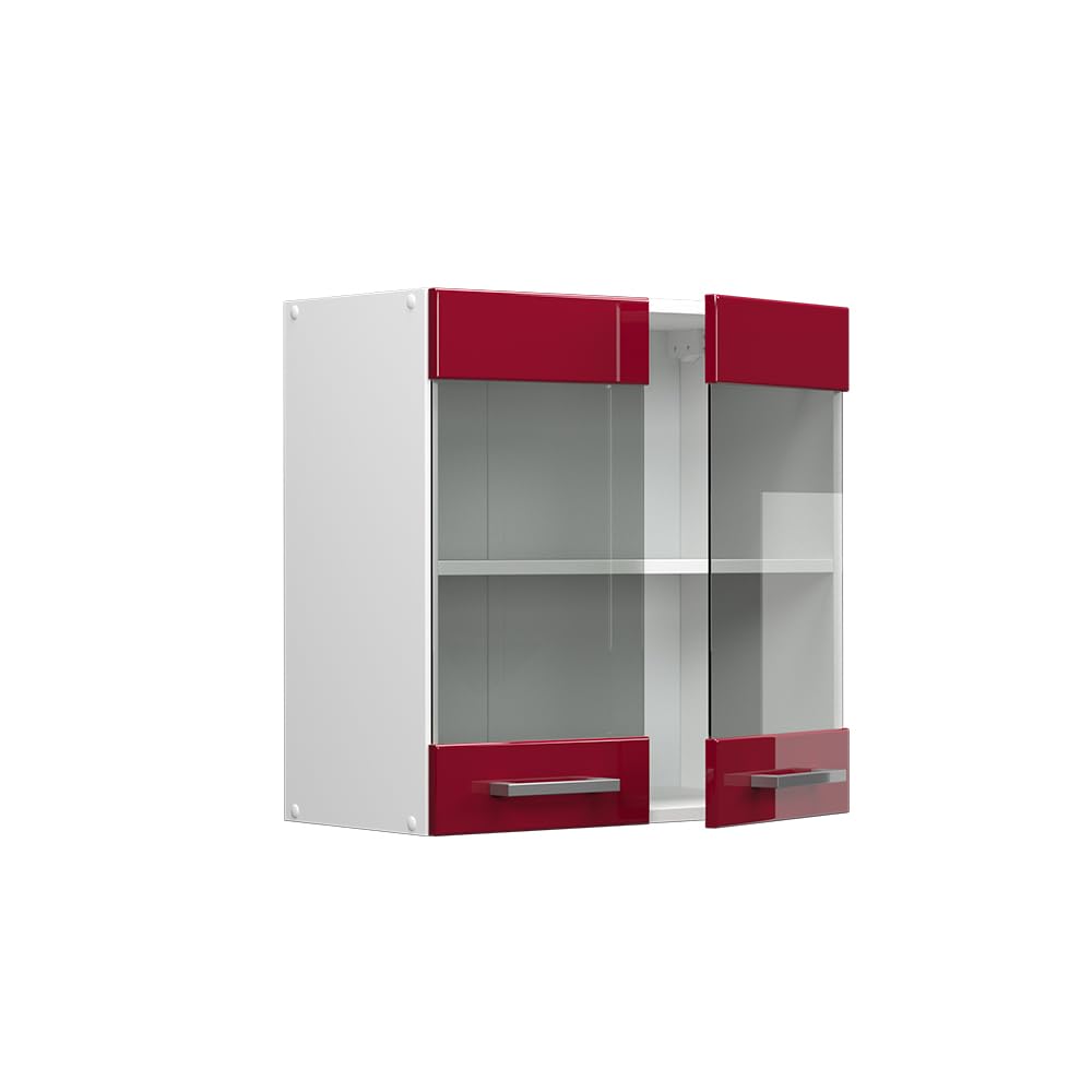 Vicco Armoire Suspendue R-Line, Rouge Bordeaux Haute Brillance, 60cm avec Portes vitrées, pour Le Rangement d’Objets ménagers et Utilitaires