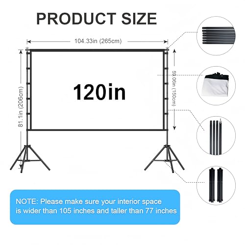 Image of 120 inch Projector Screen with Stand, Portable Outdoor Projection Screen Rear Front Movie Screen with Carry Bag Wrinkle-Free 16:9 4K Washable for Indoor Home Theater, Backyard Movie Night 120inch