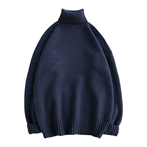 Pull d'hiver homme col roulé bleu marine M tricot chaud chic