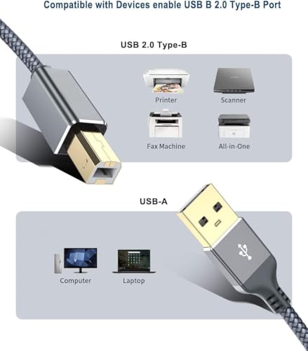 Image of Mizi Printer Cable, 10FT USB Printer Cable USB 2.0 Type A Male to B Male Scanner Cord USB B Cable High Speed for HP, Canon, Epson, Dell, Brother, Lexmark, Xerox, Samsung etc and Piano, DAC - Gray