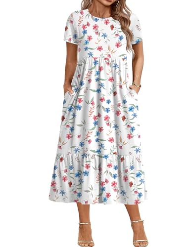 Image of IN'VOLAND Women Plus Size Short Sleeve Dress Loose Plain Casual Summer Flowy Tiered Long Maxi Dresses with Pockets
