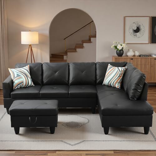 Topcomfy 97.5" L Shaped Couch Set, Modular Sectional Couches for Living Room with Storage Ottoman, 4 Seat Home Sofa Living Room Furniture Sets with Chaise for Apartment Office (Faux Leather, Black) by Topcomfy - Image 9