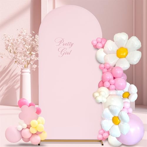 Image of SoarDream Pink Wedding Arch Backdrop Cover 6.6FT Spandex Fitted Pink Wedding Arch Covers Round Top Chiara Arches Backdrop Cover Fabric for Baby Shower Balloon Party Decoration