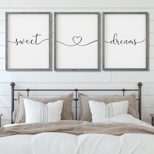 Set of 3 Framed Farmhouse Sweet Dreams Sign 11x14” Above Bed Wall Decor for Bedroom Decor Wall Art Wood Signs (11'x14', Gray)