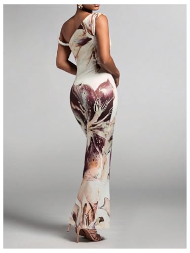 Image of GORGLITTER Women's Long Floral Dress Asymmetrical One Shoulder Sleeveless Bodycon Maxi Dress