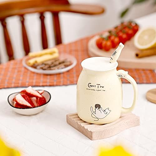 SHENDONG Cat Mug Cute Ceramic Coffee Cup with Kawaii Cat Wooden Lid and Lovely Stainless Steel Spoon Novelty Morning Cup Coffee Milk Tea Mugs - 3D Animal Cat Mugs for Cat Lovers Women Gifts(Yellow)