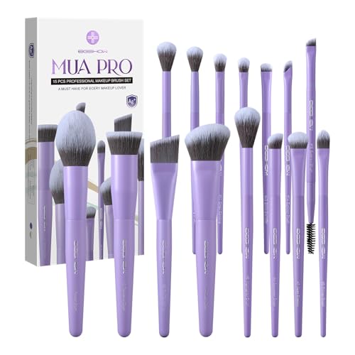 EIGSHOW Set de Brosses à Maquillage,15 Pièces MUA PRO Série Brosses Profes-sionnelles à Poils à Ions d’Argent pour Fond de Teint,Fard à Joues,Correcteur,Eyeliner,Set Cadeau de Voyage (Violet