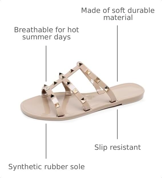 Image of Women Flats Sandals, Studded Jelly Shoes Size 9 Red Dressy Summer Beach Rivets Strappy Jellies Slide Slip On Open Toes