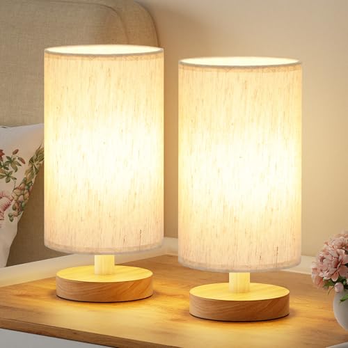 Image of Fenmzee Small Lamps Set of 2 - Inline Control, Bedside Table Lamp for Bedroom with 3000K A15 LED Blub, Easy Assembly (Cream Shade - Wood Base Set of 2, 9 inch Inline Control)