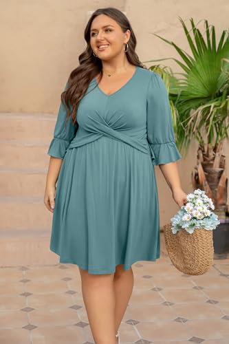 Image of Manllenshie Women's Plus Size 2 Pockets Dresses 3 /4 Ruffle Sleeve V Neck Crossover Flowy Pleats Casual Fall Loose Dress