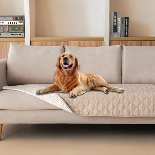 Image of gogobunny 100% Double Sided Waterproof Dog Blanket Soft Pet Bed Cover Reversible Protect Furniture Couch Sofa Car for Puppy Cat Kids (Dark Beige /Light Beige, 30x90 Inch (Pack of 1))