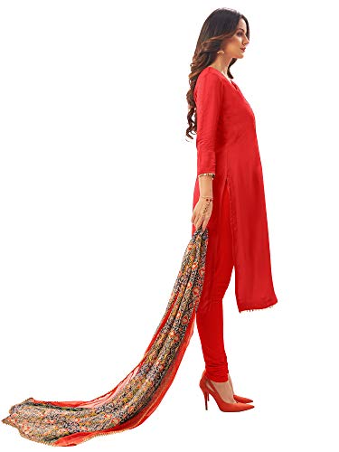 Image of AKHILAM Women's Chanderi Cotton Embroidered Unstitched Salwar Suit Material(Red 32DMK80 Parent)