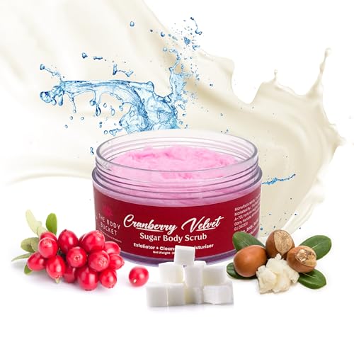 Image of The Body Bucket Cranberry Velvet Sugar Body Scrub- 200g | Included Free Bath Bomb | 3-in-1 Exfoliator, Cleanser, Moisturizer | De-Tan & Brightens Dark Areas| Smooths Strawberry Legs & Arms | Sulfate & Paraben Free