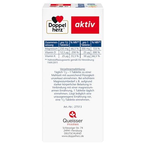 Doppelherz Magnesium 500 + D3 + K2 - Hochdosiertes Magnesium als Beitrag zur normalen Funktion der Muskeln und Nervensystems - 60 vegetarische Depot-Tabletten