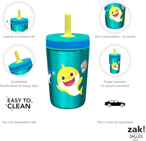 Image of Zak Designs Baby Shark Kelso Tumbler Set, Leak-Proof Screw-On Lid with Straw, Bundle for Kids Includes Plastic and Stainless Steel Cups with Bonus Sipper (3pc Set, Non-BPA) (Pack of 12)