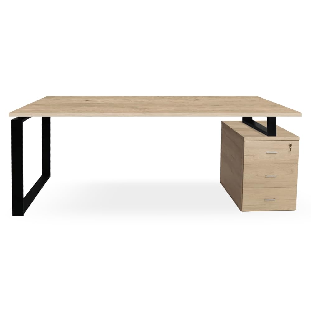 OFILIKE. Mesa Escritorio con Cajonera Reversible. Estructura Metálica de Marco Cerrado Color Negro. Entrega 3-5 Días (140x60, Roble) (MECR-G)