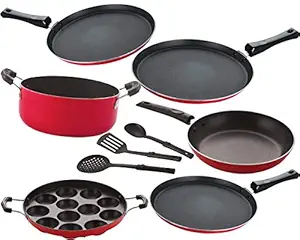 Nirlon Non-Stick Gas Compatible Aluminium Cookware Utensils Combo Gift Set Offer 9 Piece [FT13_FT12_APPAM_FT11_Cass20_TP24_3SPN]
