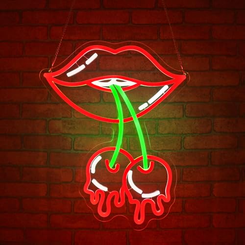 Image of Cherry Lips Neon Sign, JGHTURIE Red Led Neon Signs for Wall Decor USB Powered Bar Lights Signs for Room Man Cave Party Art Decoration