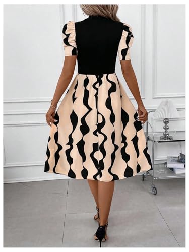 Image of GORGLITTER Women's Short Puff Sleeve Midi Dress Mock Neck Patchwork Flared Night Out Casual Dresses Brown Colorblock Small