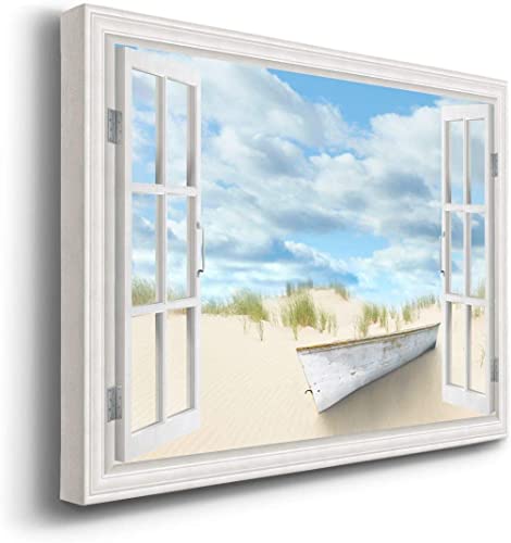 Renditions Gallery Canvas Wall Art Window View Of Abondoned Rustic Boat On Sandy Beach Wall Hanging Artwork For Living Room Office Kitchen Decor - 18"X27" Lt04 #TOP1