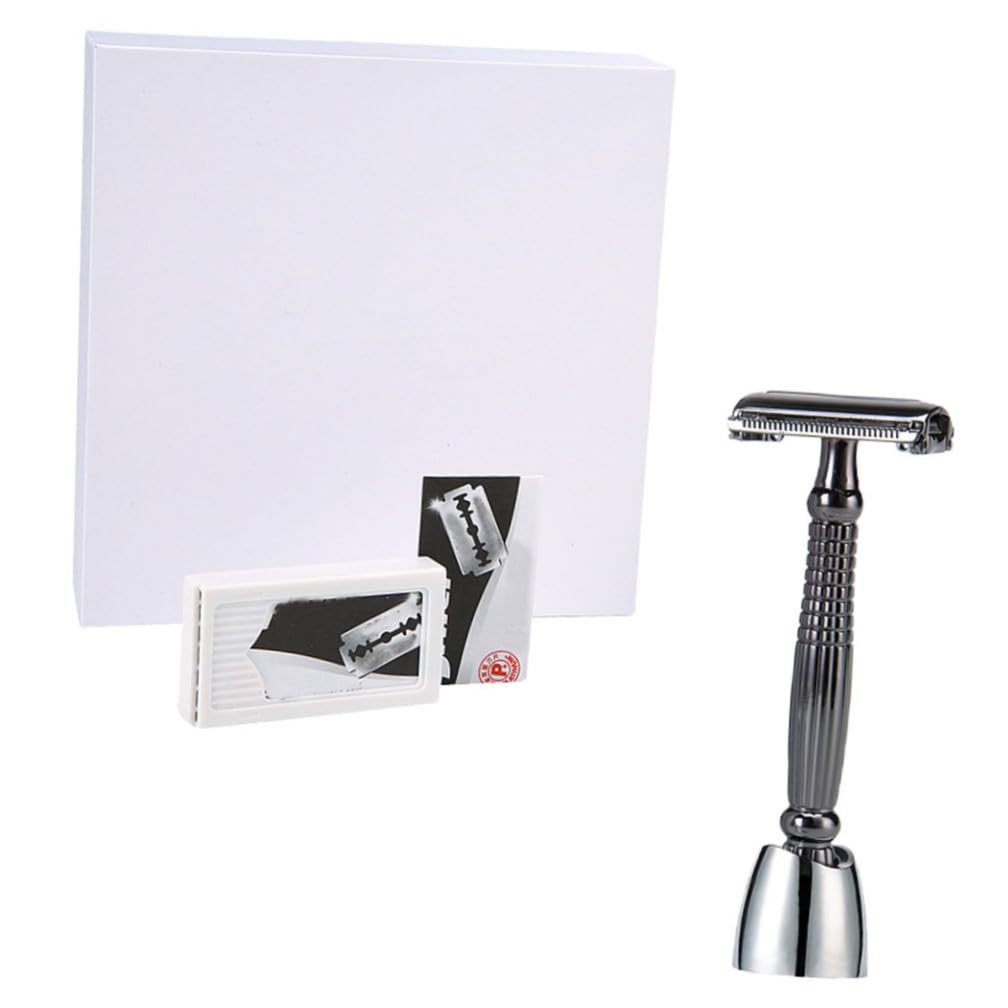 Long Handle Manual Shaving Cutter with Double-edged Blades and Safety Razor Stand Face Beard Shaver for Men Smooth Shaving Experience for Barbershops and Home Use