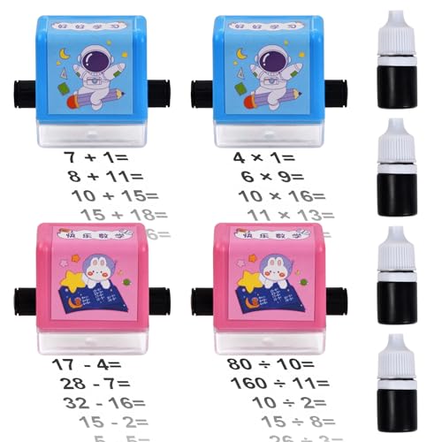 Natuce 4pcs Sello Digital de Rodillos, Sello de Rodillo de Matemáticas Reutilizable, Sello de enseñanza Digital de Roll, Dentro de 100 Preguntas de Práctica Matemática, para Padres Maestros Niños