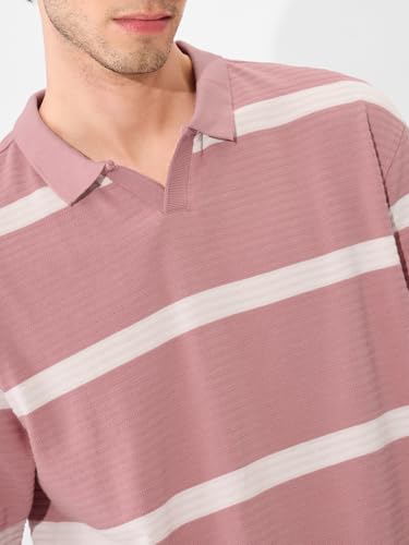 Image of The Souled Store Quartz Men and Boys Short Sleeves Collared Neck Pink and White Striped Oversized Textured Polos