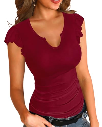 Basicspasce Sommer Damen Basic Kurzarm Casual V-Ausschnitt Shirt Gerippte...