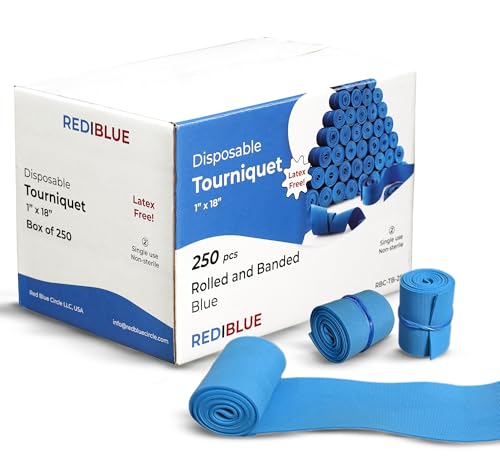 REDIBLUE Disposable Tourniquet [Pack of 250]- Latex Free, Tear Resistant, Single Use Tourniquets for First Aid, Medical, Clinic, Compact and Portable - 1" x 18"