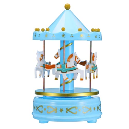 ULTECHNOVO Nostalgische Karussell Spieluhr mit 4 Pferden 4.21X4.21X6.69In Musik Box aus Kunststoff in Blau zur Beruhigung von Kindern als Vintage Musikdose Mädchen