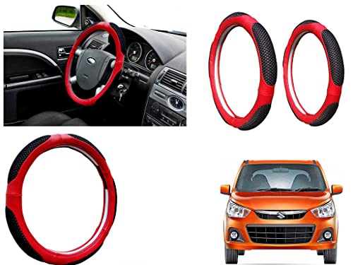 Image of Microfiber Car Steering Wheel Cover, Soft Padding Great Hand Feel, Anti-Slip, Faux Leather Steering Cover for Maruti Suzuki Alto K10 New | Black Red Jali - Pack of 1