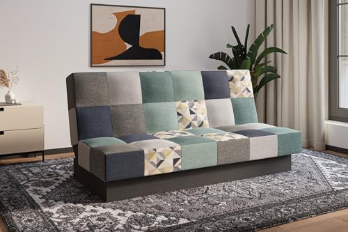 mb-moebel Canapé Convertible 3 Places avec Coffre – Clic-Clac avec Rangement | Banquette Lit BZ 2 Places – Sofa Bed en Tissu – Cyprus Patchwork (Bleu +...
