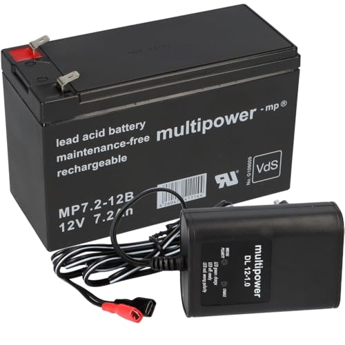 Batería de plomo de 12 V, 7,2 Ah AGM VDs con cargador 12 V 1 A Faston 6,3 mm Multipower MP7,2-12B DL12-1.0 Set para UPS alarma luz de emergencia