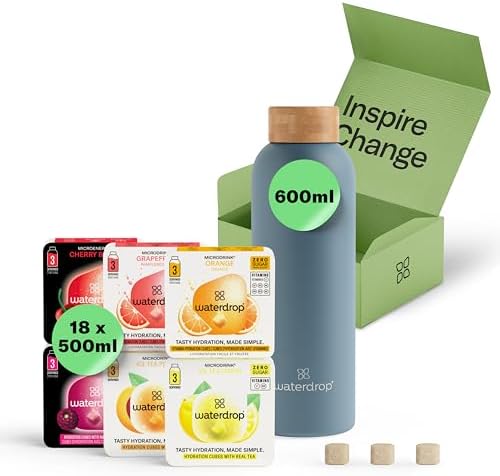 waterdrop® Starter Set - 600ml Trinkflasche mit Geschmack inkl. 18 zuckerfreie Drops - Geschenk für Frauen - Probierpaket mit Wasserflasche & Drops - Edelstahl Trinkflasche Kohlens