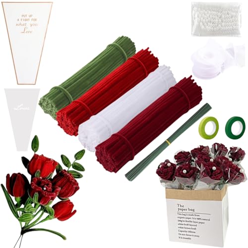 Rot Pfeifenputzer zum Basteln Set, 300 Stück Rose Blumenstrauß Pfeifenreiniger Set, mit 20 Stück Grün Basteldraht, Bänder, Rosen Pipe Cleaner, Geeignet als Geschenk für Valentinstag, Blumenstrauß DIY