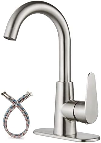 Cinwiny Brushed Nickel Single Hole 1 Handle Bathroom Sink Faucet Small RV Campers Tap Faucet Deck Mounted Long Neck Stainless Steel Kitchen Vanity Faucet with 360 Degree Rotation Spout and Deck Plate