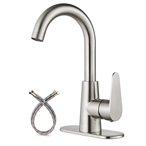 Cinwiny Brushed Nickel Single Hole 1 Handle Bathroom Sink Faucet Small Rv Campers Tap Faucet Deck Mounted Long Neck Stainless Steel Kitchen Vanity Faucet With 360 Degree Rotation Spout And Deck Plate #TOP9