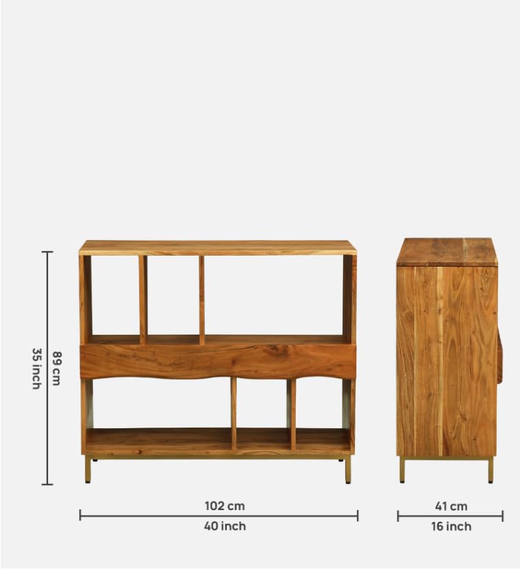Image of Barcelona Modern Bookshelf Storage for Living Room & Study | Acacia Wood, Natural Finish | Wooden Book Shelf with Doors & Open Display Racks | Modular Storage Unit for Home Office