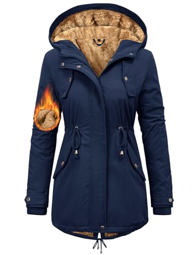 Nadeer Mantel Damen Winterjacke Lang Parka Gefüttert Wintermantel Wasserdicht mit Kapuze Warm Winterparka(Marineblau,L)