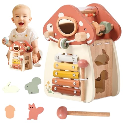 Cubo de actividades para bebés de madera en forma de hongo juguete educativo 5 en 1 para niños