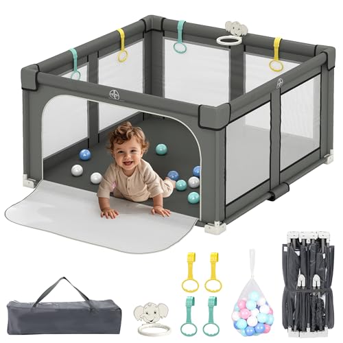Image of Tolead Foldable Playpen for Babies and Toddlers, 50" X 50" Large Collapsible Play Pen with Basket, 4 Handlers & 50 Ocean Balls, Portable Travel Play Yard with Carry Bag, No Installation, Grey
