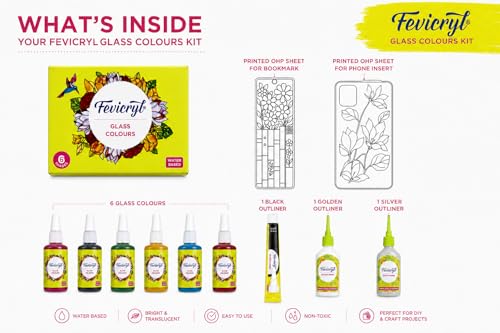 Image of Fevicryl Glass Colours Set of 6, Water‑Based, with Black Liner and Free Golden and Silver 3D Outliner for Stained Glass Painting, DIY Art and Craft on Bottles and Windows
