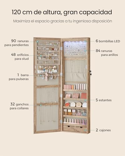 Miniatura 4 de Songmics Espejo Joyero Led, 120 Cm De Alto Con Cerradura, Armario Joyero De Pared O Montado En La Puerta, Organizador De Joyas Con Espejo, 2 Cajones, 10 X 37 X 120 Cm, Roble Tostado Jjc093n01