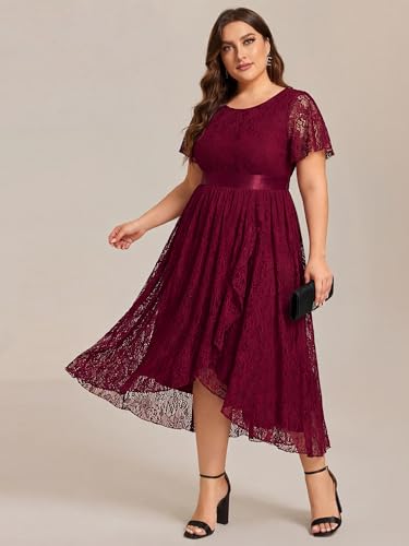 Image of Ever-Pretty Plus Women's Lace Round Neck Short Sleeves High Low Plus Size Midi Cocktail Wedding Guest Dresses Burgundy US22