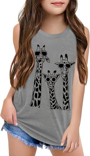 Image of Qbily Tank Tops for Girls Kids Summer Casual Cute Sleeveless Crewneck Graphic T Shirt 5-14 Years