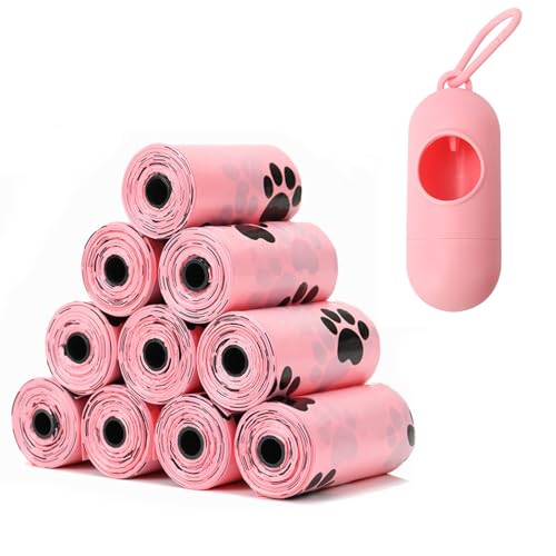 Sacchetti per cani biodegradabili con dispenser portatile, 10 rotoli (150 sacchetti) 30 x 22 cm, compostabili, resistenti agli strappi, verde e rosa