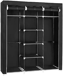 SONGMICS RYG12B Folding Wardrobe, Fabric Cabinet, Foldable Coat Rack with 2 Clothes Rails, 175 x 150 x 45 cm, Black, Canvas