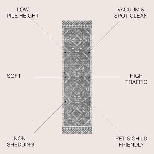 Image of JONATHAN Y Amir Moroccan Beni Souk Gray /Cream Runner Rug, 2x10, Bohemian, Scandinavian, Easy-Cleaning for Living Room, Bedroom, Kitchen, Pet Friendly, Non-Shedding (MOH200C-210)