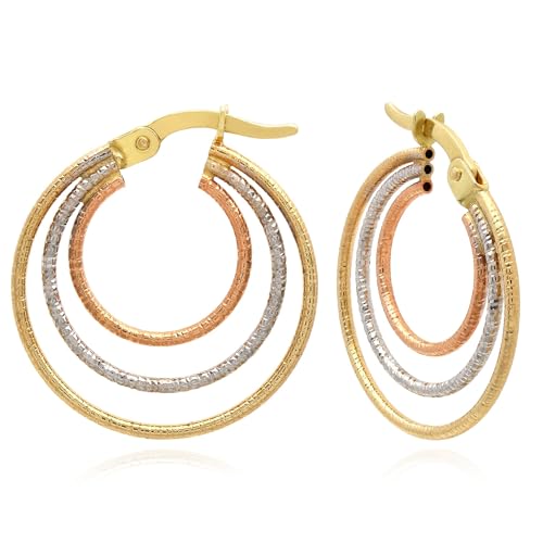 14K Gold Tri-Color Yellow White Rose Diamond-Cut Trinity Hoop Earrings 22mm